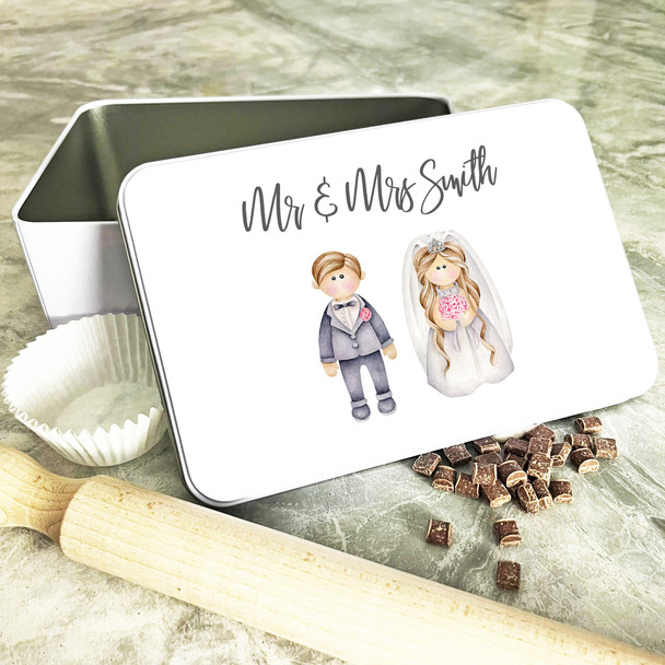 Mr and Mrs Wedding Couple Painted Rectangle Personalised Wedding Day Gift Treat Tin