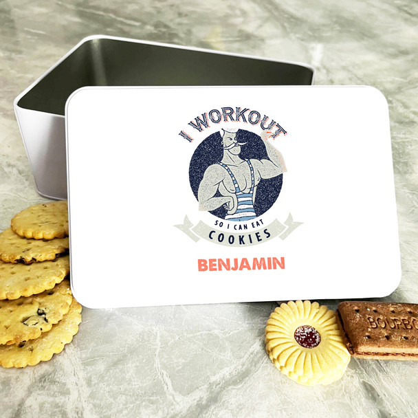 Vintage Workout To Eat Cookies Rectangle Personalised Biscuit Tin