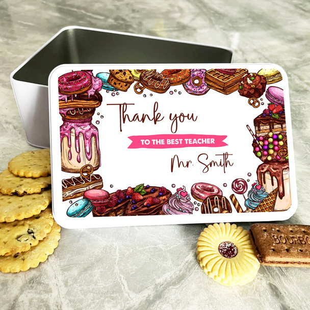 Colourful Cakes Frame Thank You Teacher Rectangle Personalised Treat Tin