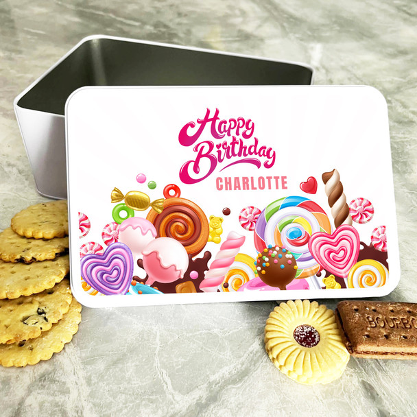 Colourful Candies Pink Stripes Birthday Rectangle Personalised Treat Tin