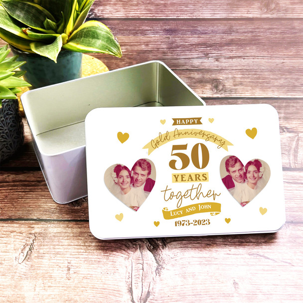 50th Wedding Anniversary Gold Photo Rectangle Personalised Treat Tin