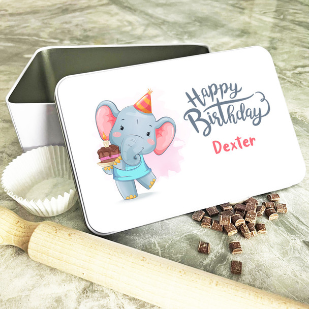 Cute Birthday Elephant & Cake Rectangle Personalised Treat Tin