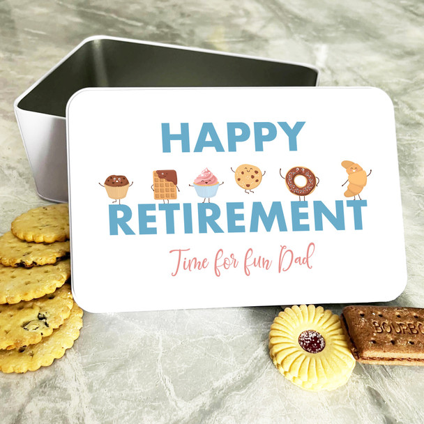 Dad Happy Retirement Funny Pastry Characters Rectangle Personalised Treat Tin