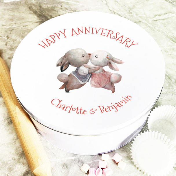 Round Cute Kissing Bunnies Anniversary Personalised Cake Tin