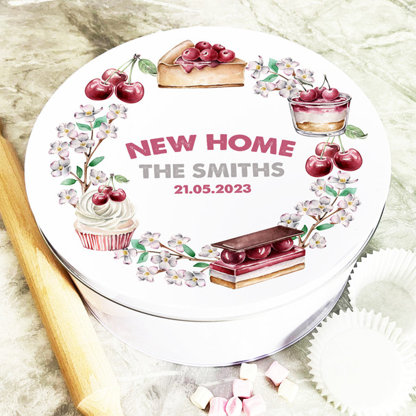 Round Floral Cherry Cake New Home Personalised Cake Tin