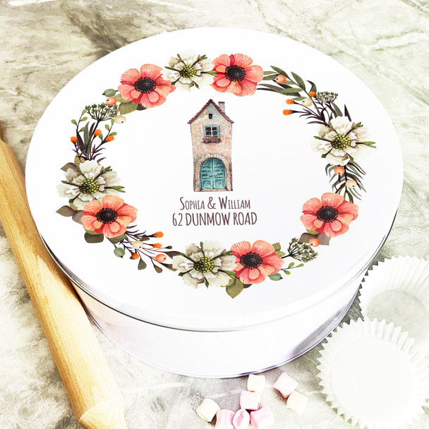 Round Floral Wreath House New Home Personalised Cake Tin