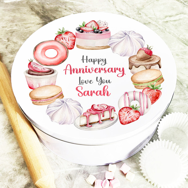 Round Happy Anniversary Sweet Cakes Pink Personalised Cake Tin