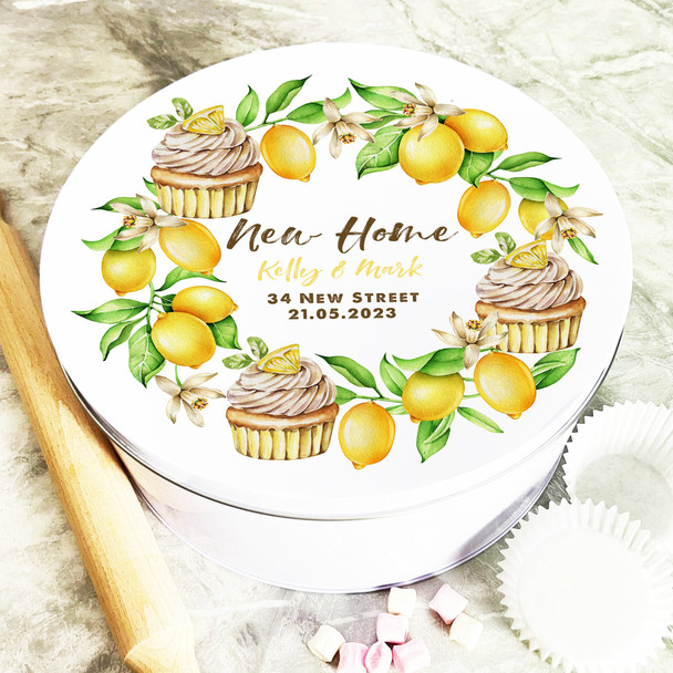 Round Lemon Cupcakes New Home Personalised Cake Tin