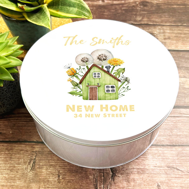 Round Little Green House New Home Personalised Cake Tin