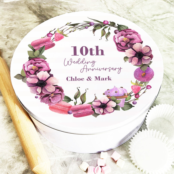 Round Macarons Floral Wreath 10th Wedding Anniversary Personalised Cake Tin