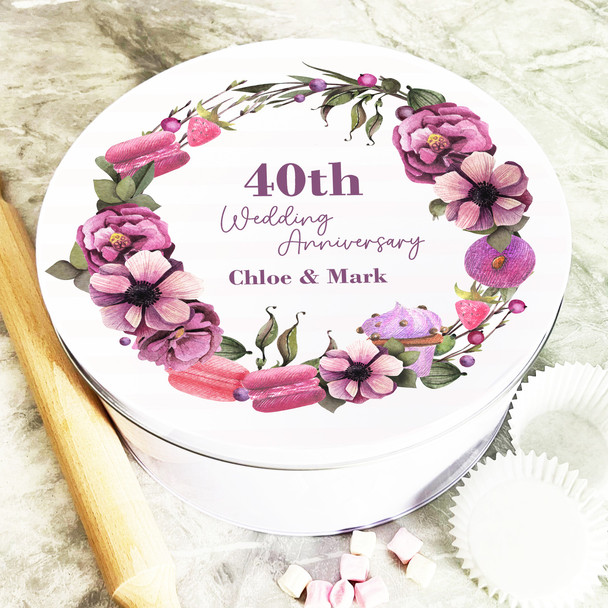 Round Macarons Floral Wreath 40th Wedding Anniversary Personalised Cake Tin