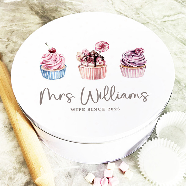 Round Mrs Married Watercolour Cupcake Personalised Cake Tin
