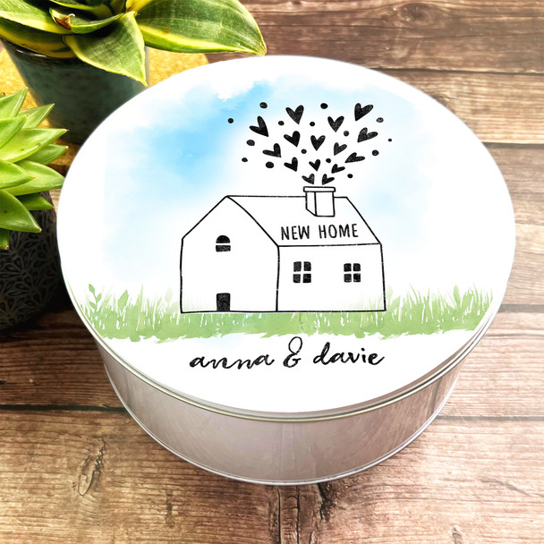 Round New Home Doodle Hearts Personalised Treat Tin