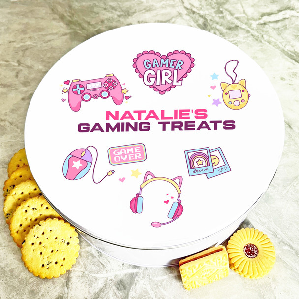 Round Pink Gaming Treats Gadgets Personalised Treat Tin