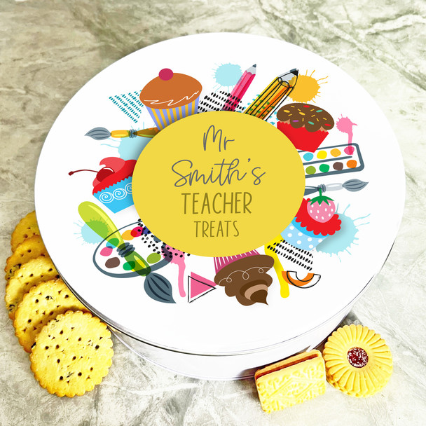 Round Teacher Bright Cupcakes Personalised Treat Tin