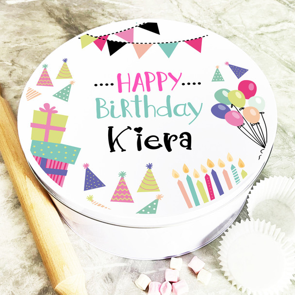 Round Vibrant Happy Birthday Personalised Cake Tin