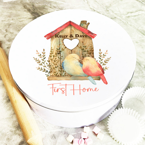 Round Watercolour Bird Nest Box First Home Personalised Cake Tin