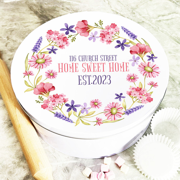 Round Watercolour Floral Wreath New Home Personalised Treat Tin