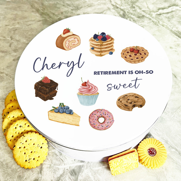 Round Watercolour Pastry Treats Retirement Personalised Cake Tin