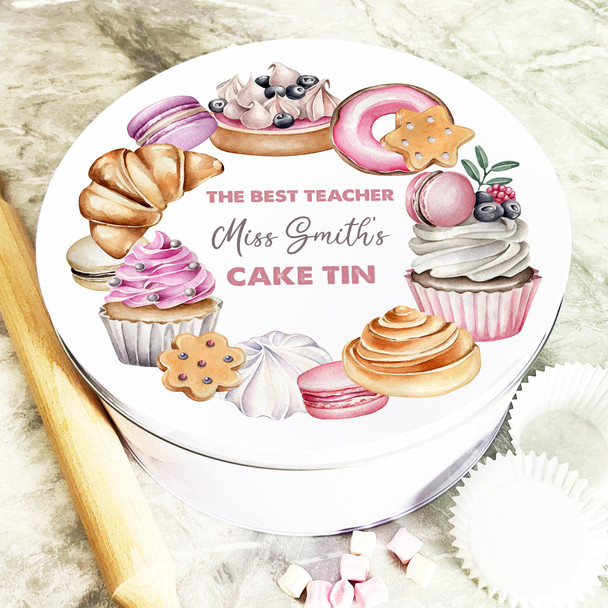 Round Watercolour Treats Wreath Best Teacher Personalised Cake Tin