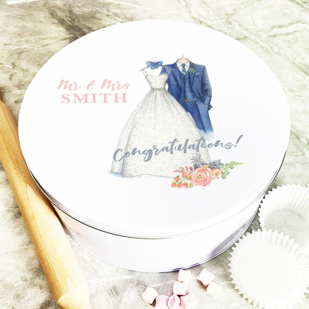 Round Watercolour Wedding Day Outfits Personalised Cake Tin