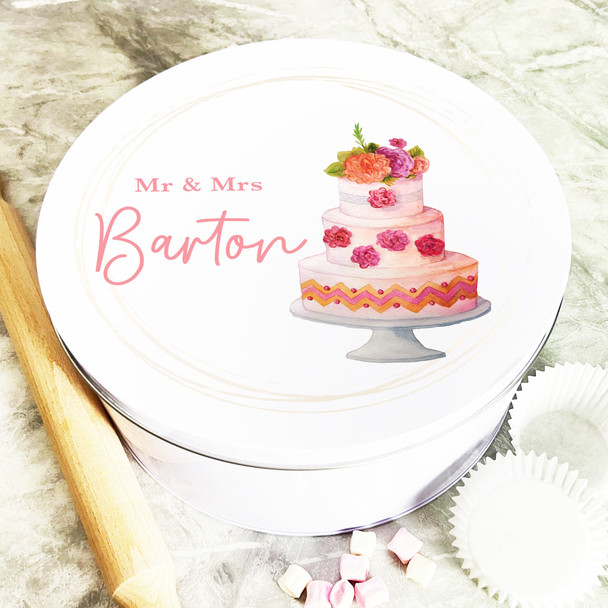 Round Watercolour Wedding Day Personalised Cake Tin