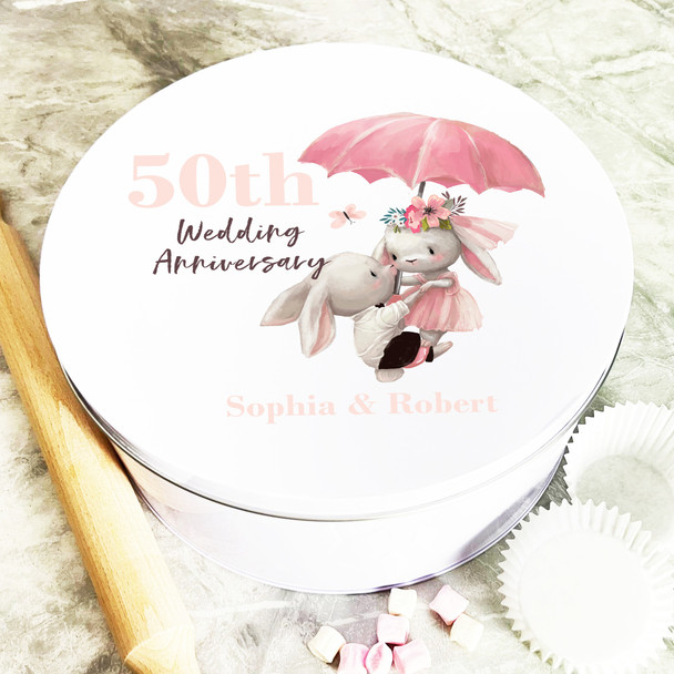 Round Bunnies Couple 50th Wedding Anniversary Personalised Cake Tin