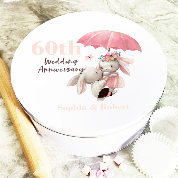 Round Bunnies Couple 60th Wedding Anniversary Personalised Cake Tin