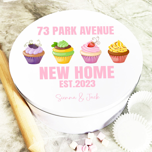 Round Colourful Cupcakes New Home Address Personalised Cake Tin