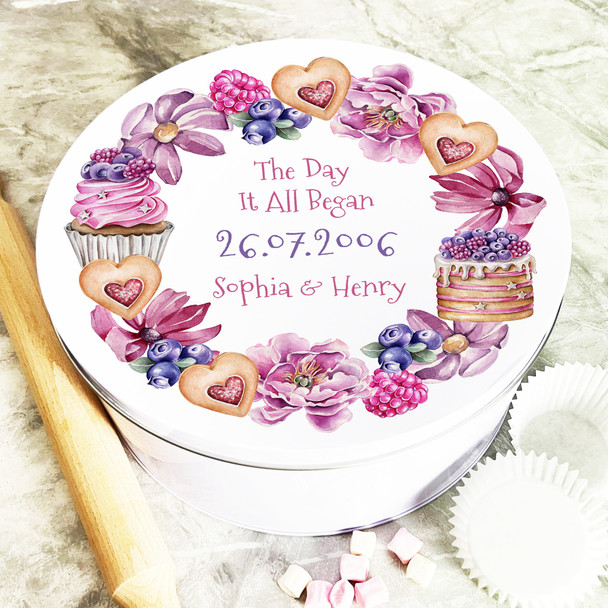 Round Cupcake Cookies Berries Anniversary Wreath Personalised Cake Tin