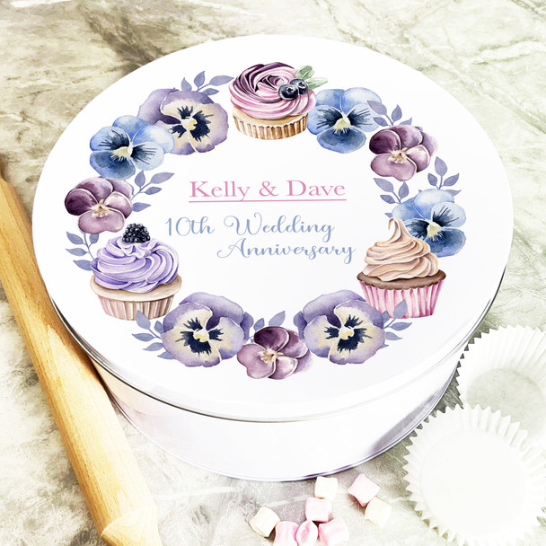 Round Cupcakes and Pansies Flowers 10th Wedding Anniversary Personalised Cake Tin Round Cupcakes and Pansies Flowers 10th Wedding Anniversary Personalised Cake Tin