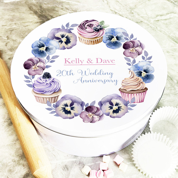 Round Cupcakes & Pansies Flowers 20th Wedding Anniversary Personalised Cake Tin