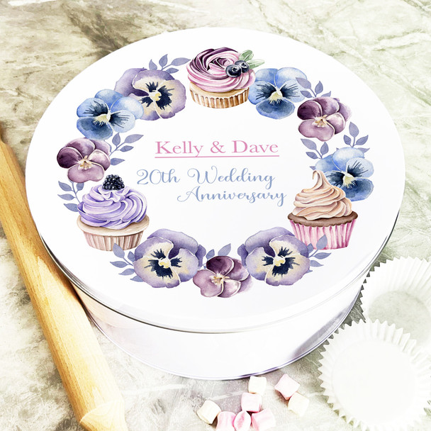 Round Cupcakes and Pansies Flowers 20th Wedding Anniversary Personalised Cake Tin