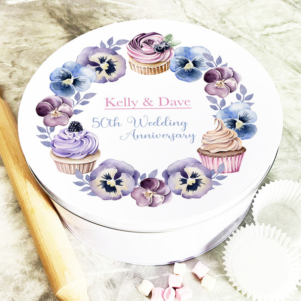 Round Cupcakes & Pansies Flowers 50th Wedding Anniversary Personalised Cake Tin