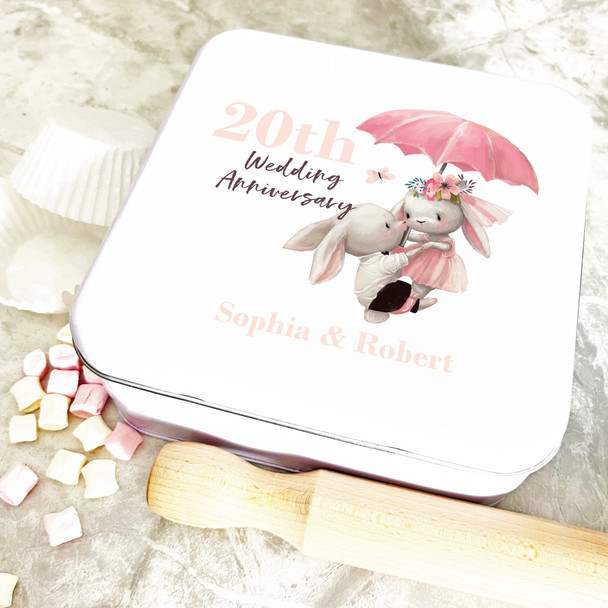 Square Couple Bunnies 20th Wedding Anniversary Personalised Cake Tin