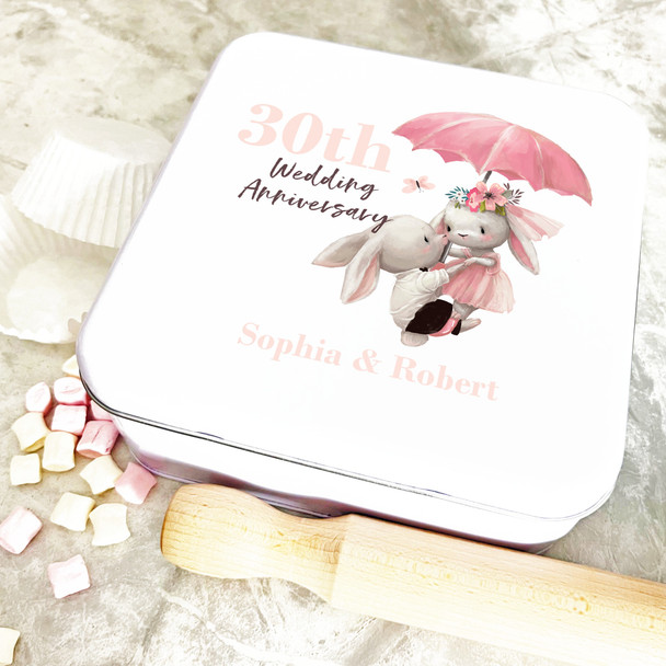 Square Couple Bunnies 30th Wedding Anniversary Personalised Cake Tin