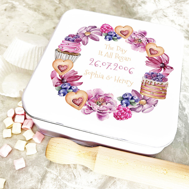 Square Cupcake Cookies Berries Wreath Wedding Day Personalised Cake Tin