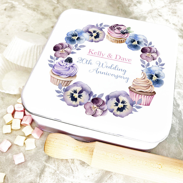 Square Cupcakes & Flowers 20th Wedding Anniversary Personalised Cake Tin