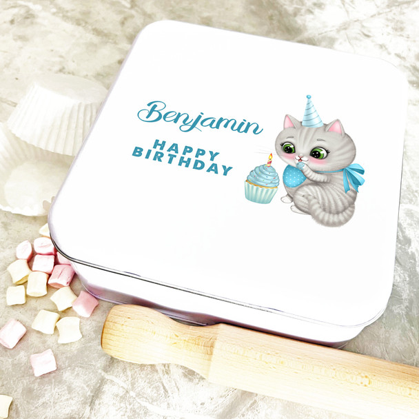 Square Cute Blue Cupcake Cat Birthday Personalised Cake Tin