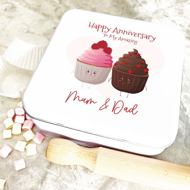 Square Cute Couple Cupcakes Anniversary Personalised Cake Tin