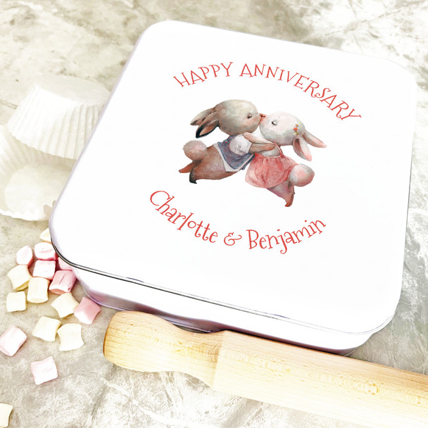 Square Cute Kissing Bunnies Anniversary Personalised Cake Tin