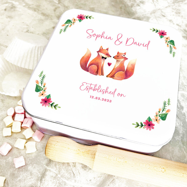 Square Cute Love Foxes Wedding Date Personalised Cake Tin