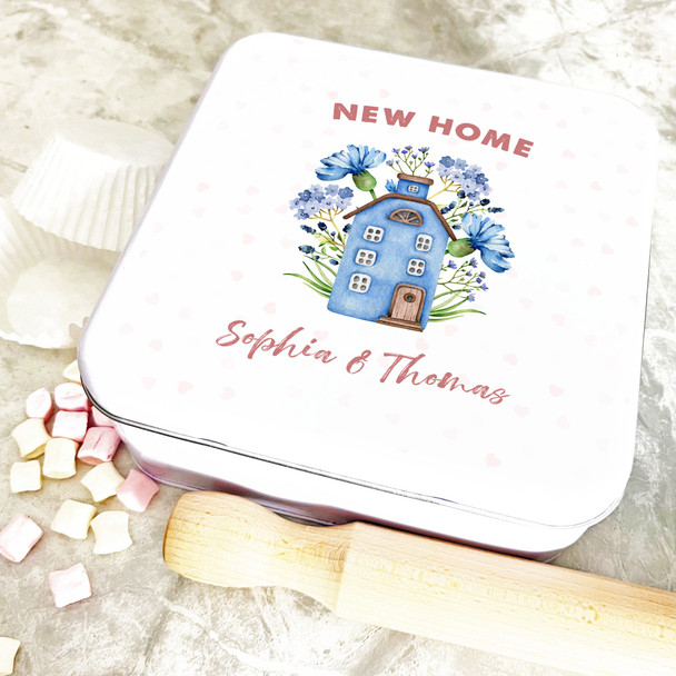 Square Cute Tiny Blue House New Home Personalised Cake Tin