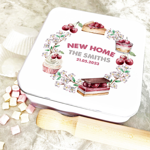 Square Floral Cherry Wreath New Home Personalised Cake Tin