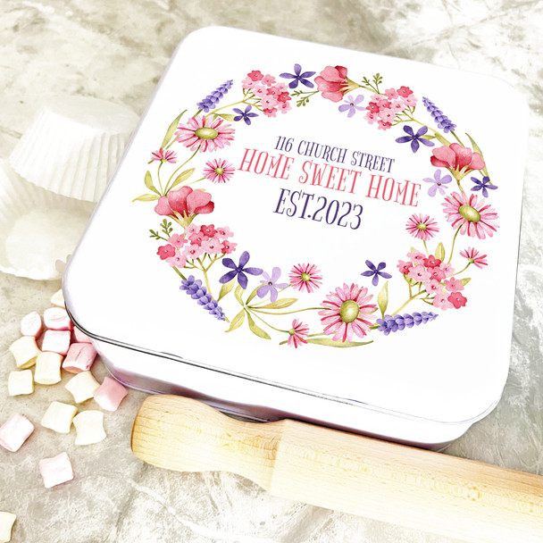 Square Floral Wreath Home Sweet New Home Personalised Cake Tin
