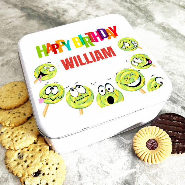 Square Funny Bright Lollipop Characters Personalised Treat Tin