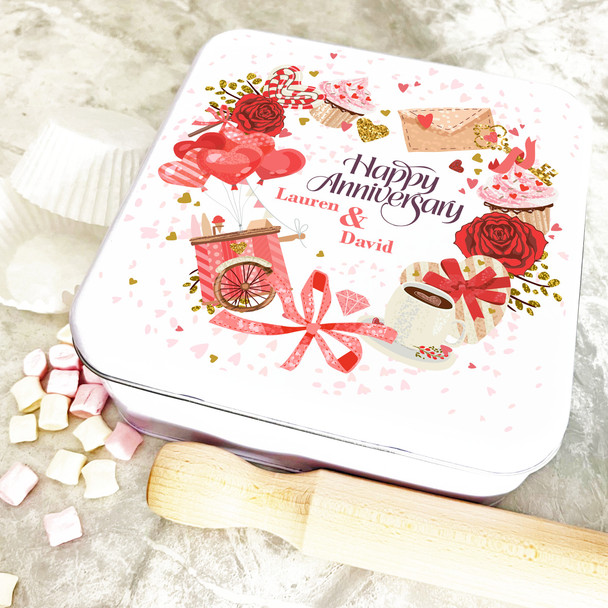 Square Love Red Wreath Anniversary Personalised Treat Tin