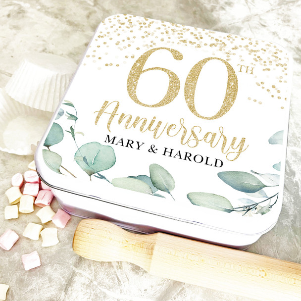 Square 60th Wedding Anniversary Gold Sparkles Personalised Treat Tin