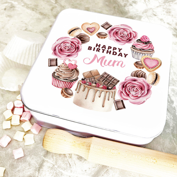 Square Mum Watercolour Pink Pastry Wreath Birthday Personalised Cake Tin