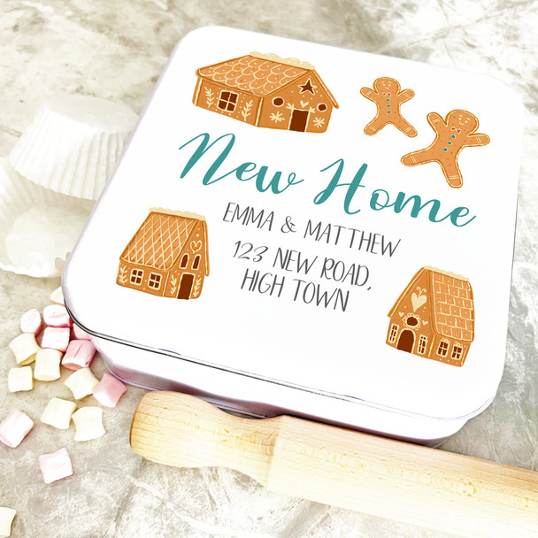 Square New Home Biscuits Gingerbread House Personalised Biscuit Tin